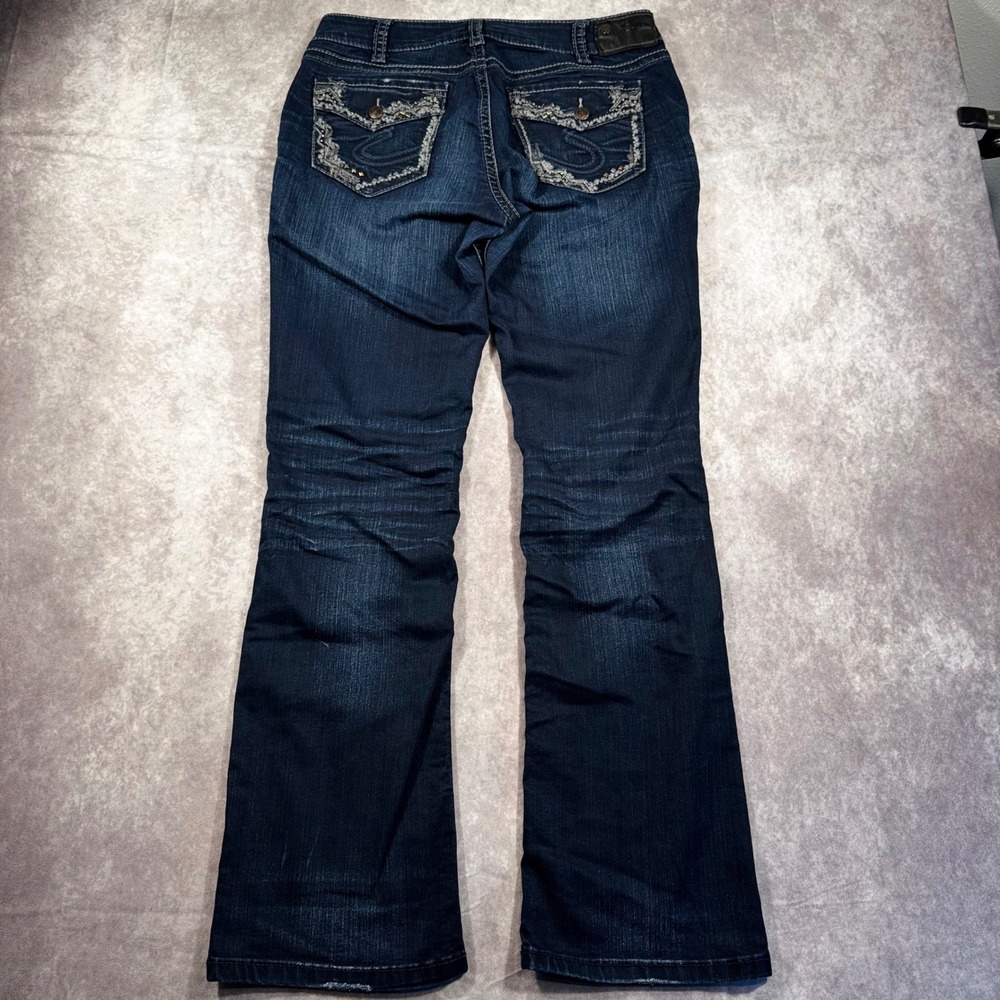 Silver Jeans Co Suki Mid Slim Bootcut Dark Wash Embroidered Studded W32 L33 - Picture 3 of 11